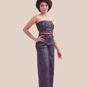 Ensemble Denim bustier et pantalon tube à boutons gouttes en forme de gouttes de pluie