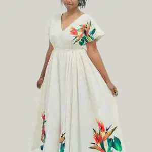 Robe longue en Soga imprimée de plantes à fleurs